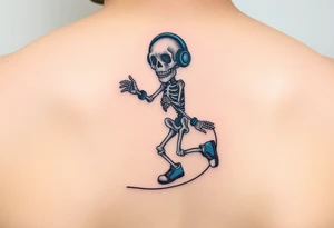 Minimalist funny looking dwarf skeleton skipping on a jumping rope with blue headphone blue tennis shoes blue arm bands and music notes colorful tattoo idea