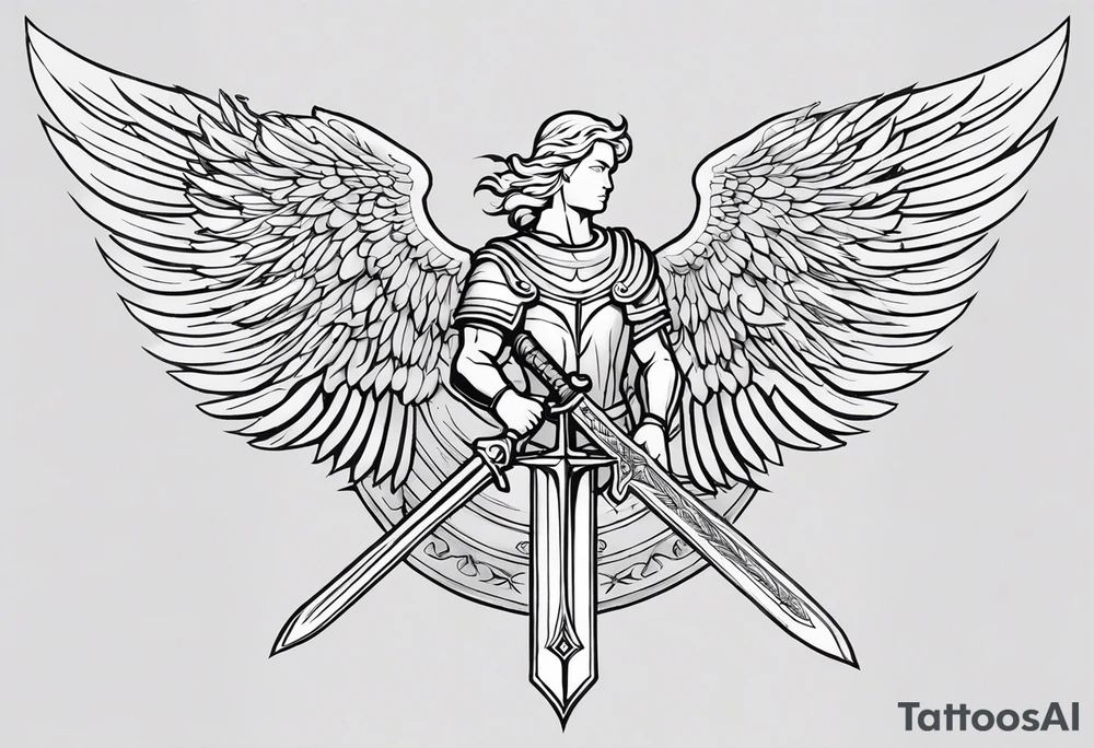 **Tattoo Design: Archangel Michael**

- **Central Theme**: Archangel Michael, majestic and powerful, stands ready with a raised sword, prepared to battle evil.
- **Appearance**: The figure of Archangel Michael depicted in full angelic armor, with majestic wings spread wide.
- **Expression**: His stance conveys strength, courage, and determination in defense of good.
- **Details**: Focus on intricate details such as facial features, armor embellishments, and the raised sword.
- **Background**: May be stylized as celestial, with rays of light or clouds, accentuating the divine presence of Archangel Michael.
- **Placement**: Intended for placement on the chosen body area, with the option to adjust the size according to personal preferences. tattoo idea
