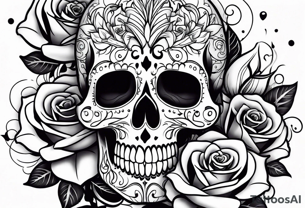 Sugar skulls with lilies and roses on leg tattoo idea