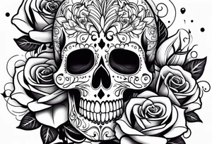 Sugar skulls with lilies and roses on leg tattoo idea