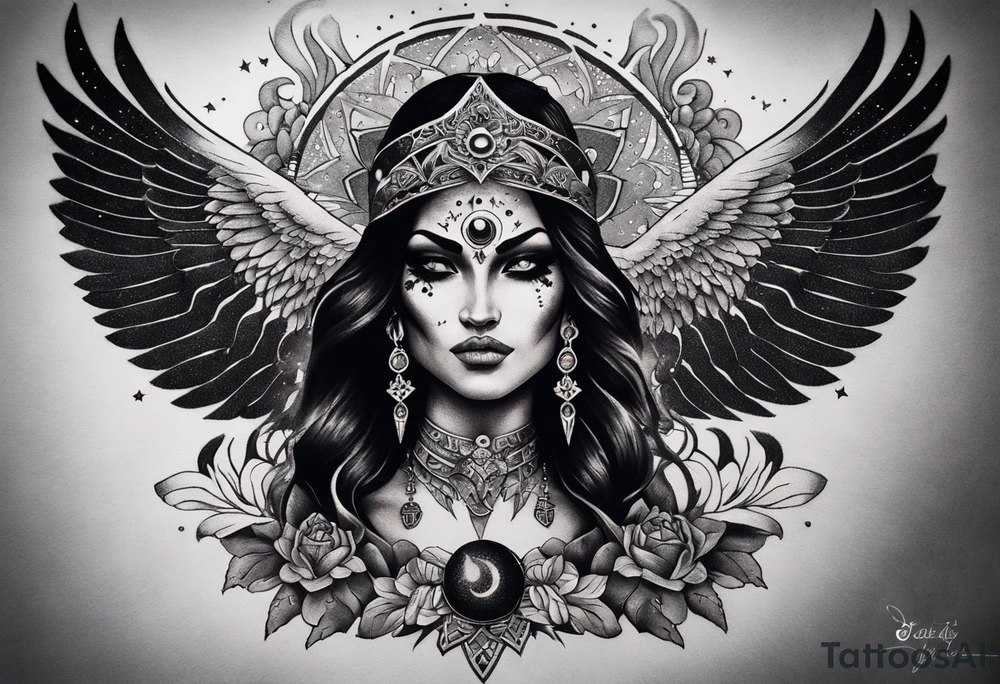 black kali, goddess pirate, alien, angel, pachamama, valkrye, warrior, flying, skull, lotus azul, wing, eagle, zenza resonance, stars, 5D, anahata chakra, death, durga, riding on a tiger, flying lady, chest tatoo tattoo idea
