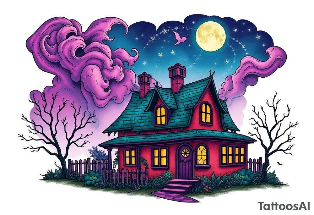 Tim Burton’s sleeping beautys cottage from outside view is the street abandoned and dripping with muted reds, dusty pinks, and eerie green glow purple and cyan smokey clouds swirl and dance in the moonlit night sky filled with twinkling stars  tattoo idea tattoo idea