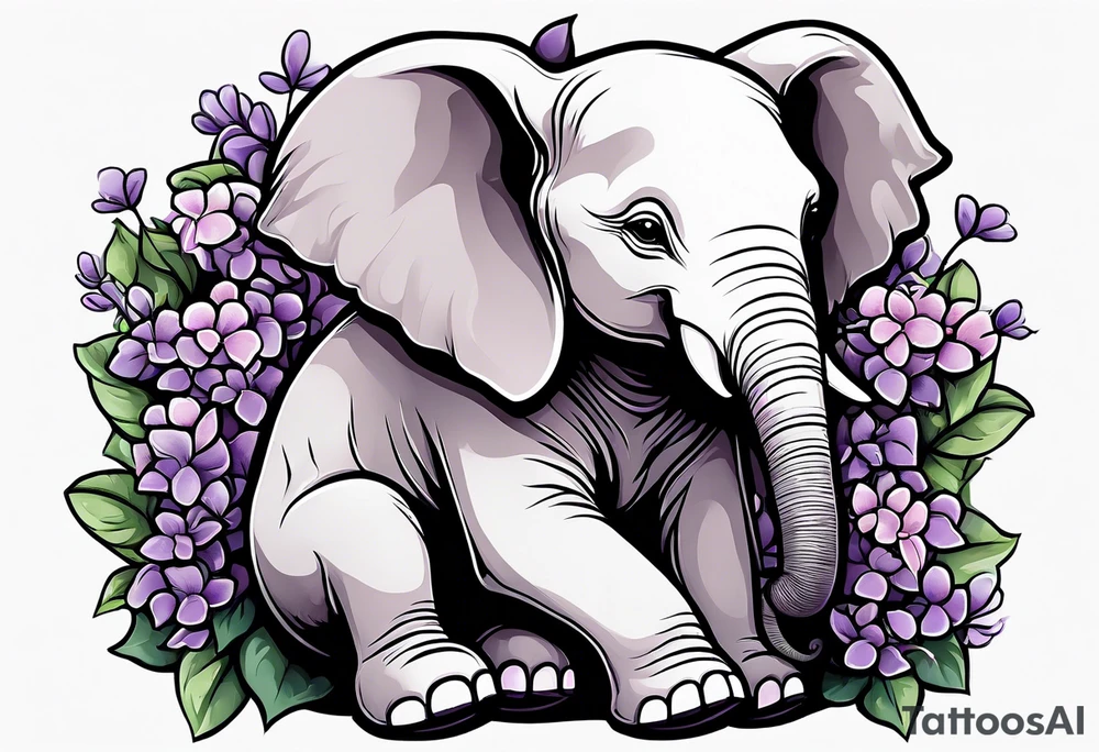 Baby elephant sitting with lilacs in its trunk tattoo idea