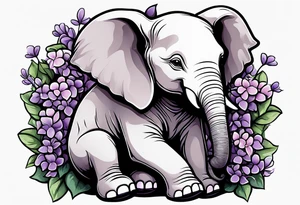 Baby elephant sitting with lilacs in its trunk tattoo idea
