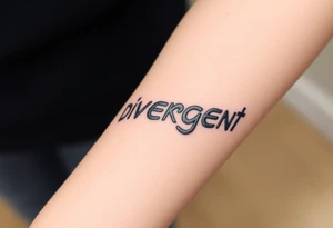 The word "Divergent" written in futuristic metallic font, with a glitch effect to symbolize breaking systems tattoo idea