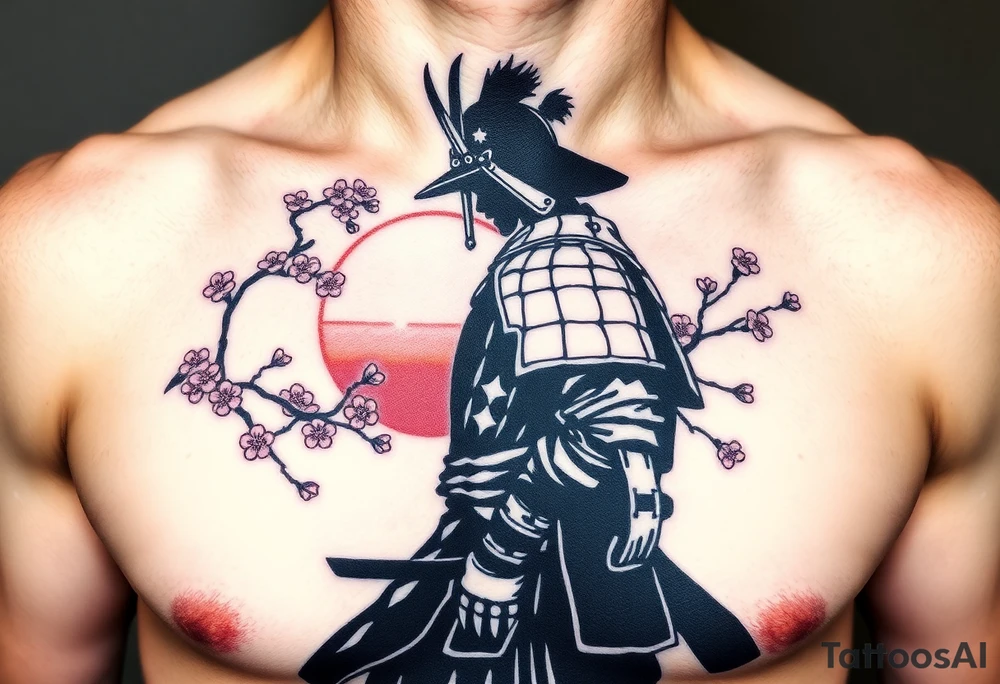 noble samurai warrior silhouette at sunset with cherry blossoms tattoo idea