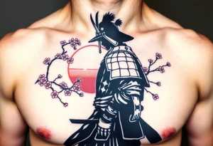 noble samurai warrior silhouette at sunset with cherry blossoms tattoo idea