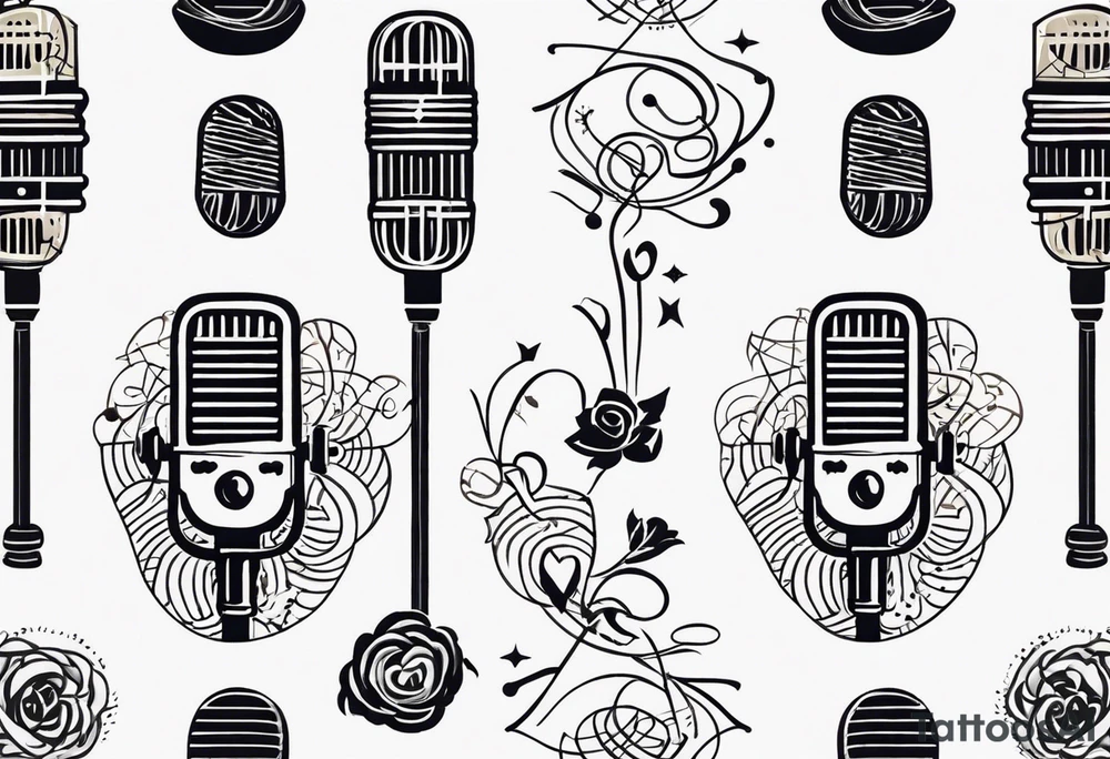 a vintage microphone intertwined with intricate musical notes and symbols tattoo idea