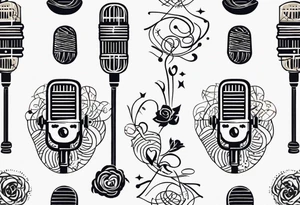 a vintage microphone intertwined with intricate musical notes and symbols tattoo idea