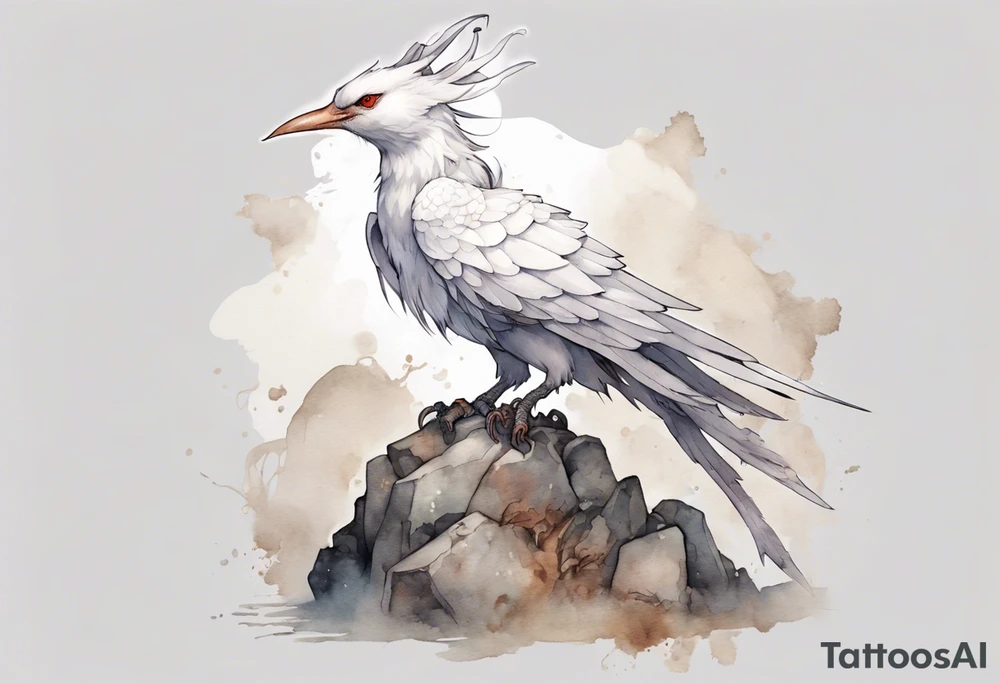 a white bird-wyvern hybrid, wearing a plain iron crown on head, perched on a stone tattoo idea