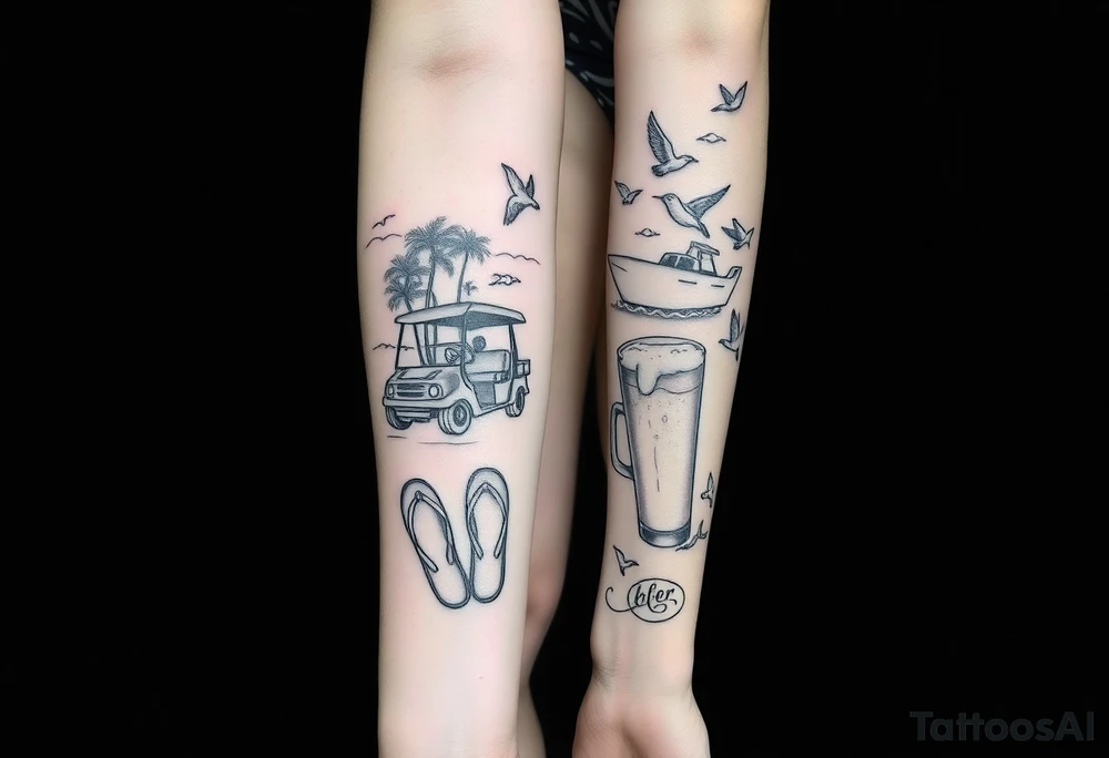 full arm sleeve with individual tattoos that include palm trees, boats, golf cart, birds, sea life, a beer, flips flops tattoo idea