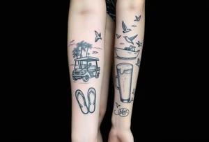 full arm sleeve with individual tattoos that include palm trees, boats, golf cart, birds, sea life, a beer, flips flops tattoo idea