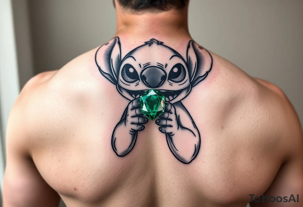 Stitch holding emerald birthstone tattoo idea