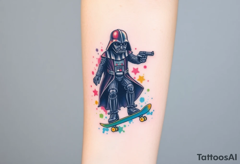 Darth Vader skateboarding with gun> bullets > memorial > god > colors > futuristic/space/star wars
add name "Darth Carter" on skateboard
add date 12/29/88-01/06/24 tattoo idea