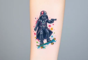 Darth Vader skateboarding with gun> bullets > memorial > god > colors > futuristic/space/star wars
add name "Darth Carter" on skateboard
add date 12/29/88-01/06/24 tattoo idea