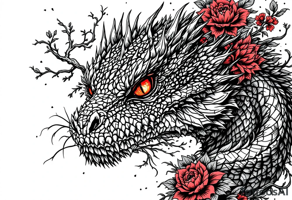 powerful majestic reptile with red eyes, surrounded by red floral ornaments tattoo idea