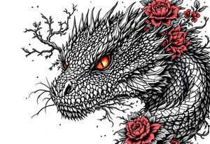 powerful majestic reptile with red eyes, surrounded by red floral ornaments tattoo idea