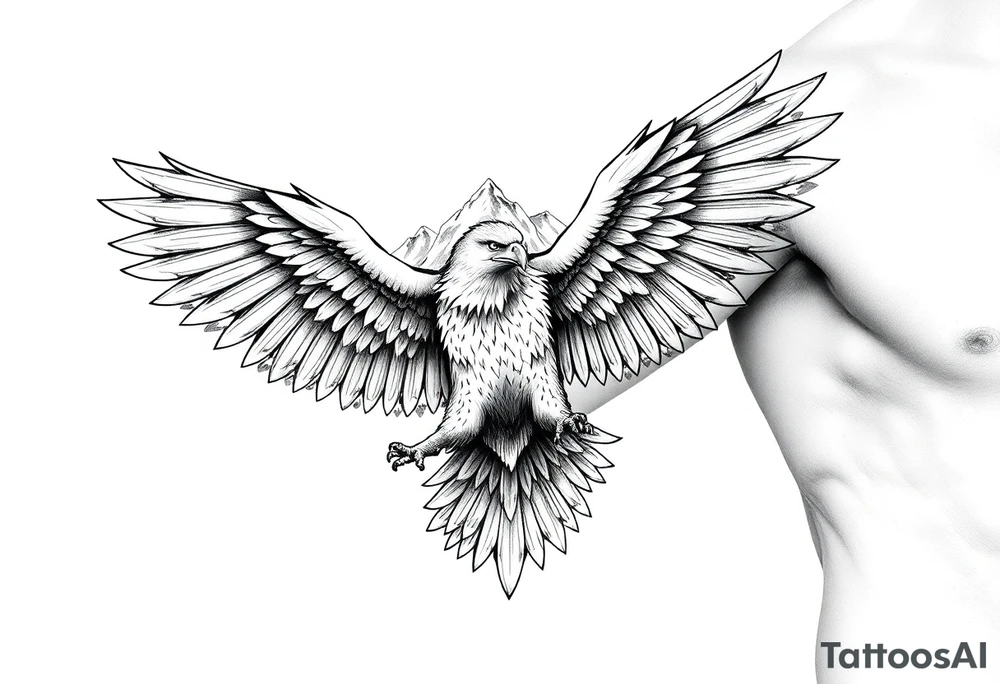 majestic eagle spreading wings against mountain peaks tattoo idea