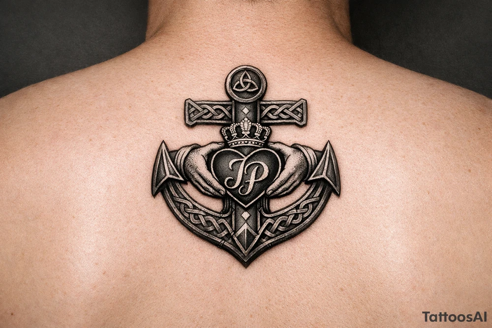 celtic anchor with claddagh symbol and interlocked Jp intials in the heart of the claddagh tattoo idea
