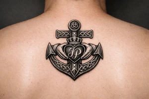 celtic anchor with claddagh symbol and interlocked Jp intials in the heart of the claddagh tattoo idea