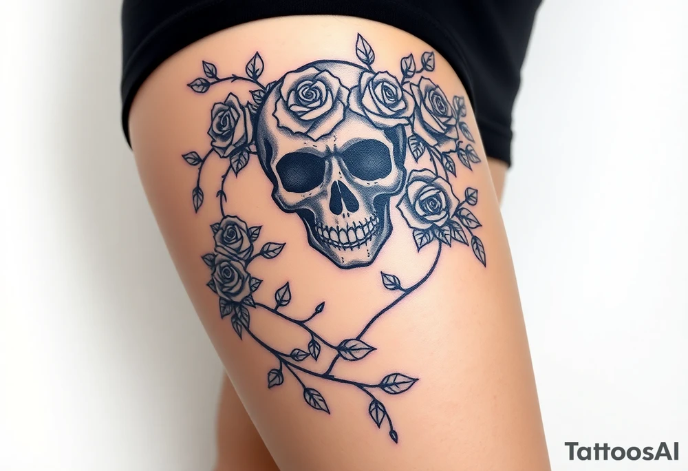gothic skull intertwined with climbing roses and thorny vines tattoo idea