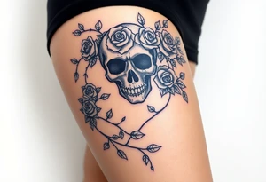 gothic skull intertwined with climbing roses and thorny vines tattoo idea
