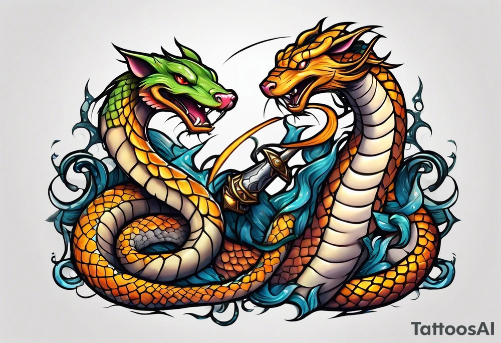 A mouse and snake having fun while sword fighting tattoo idea