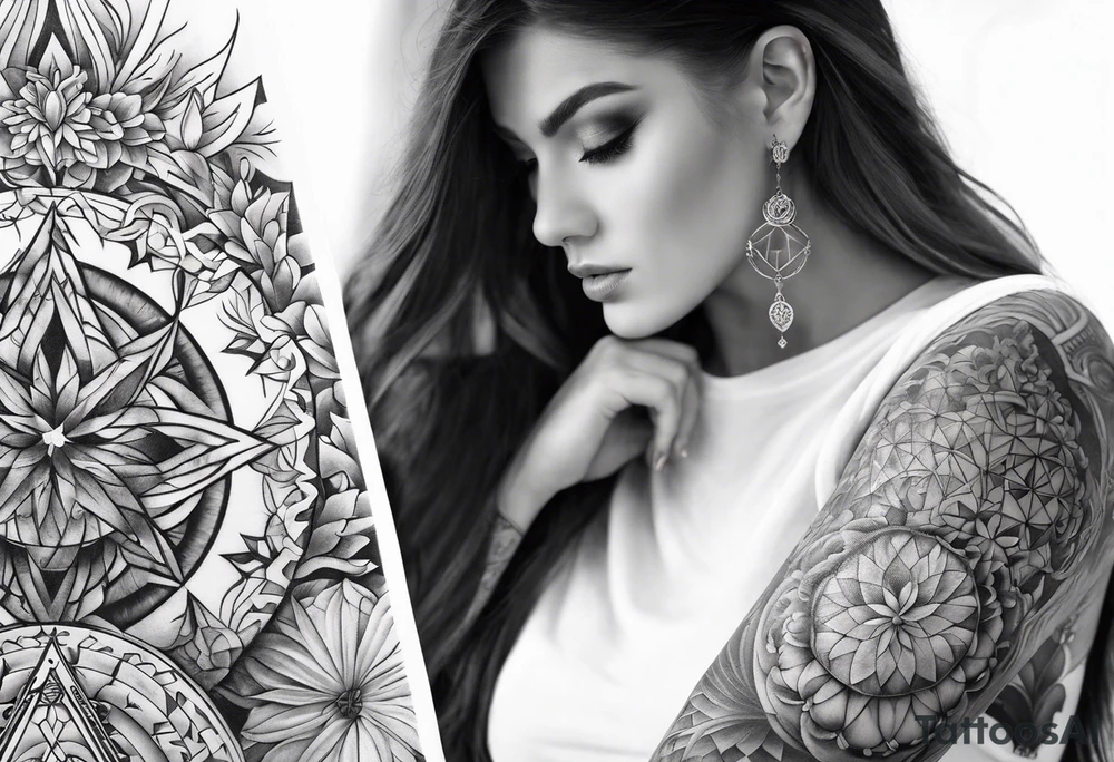 sleeve tattoo - four cardinal virtues of stoicism with a focus on sacred geometry tattoo idea