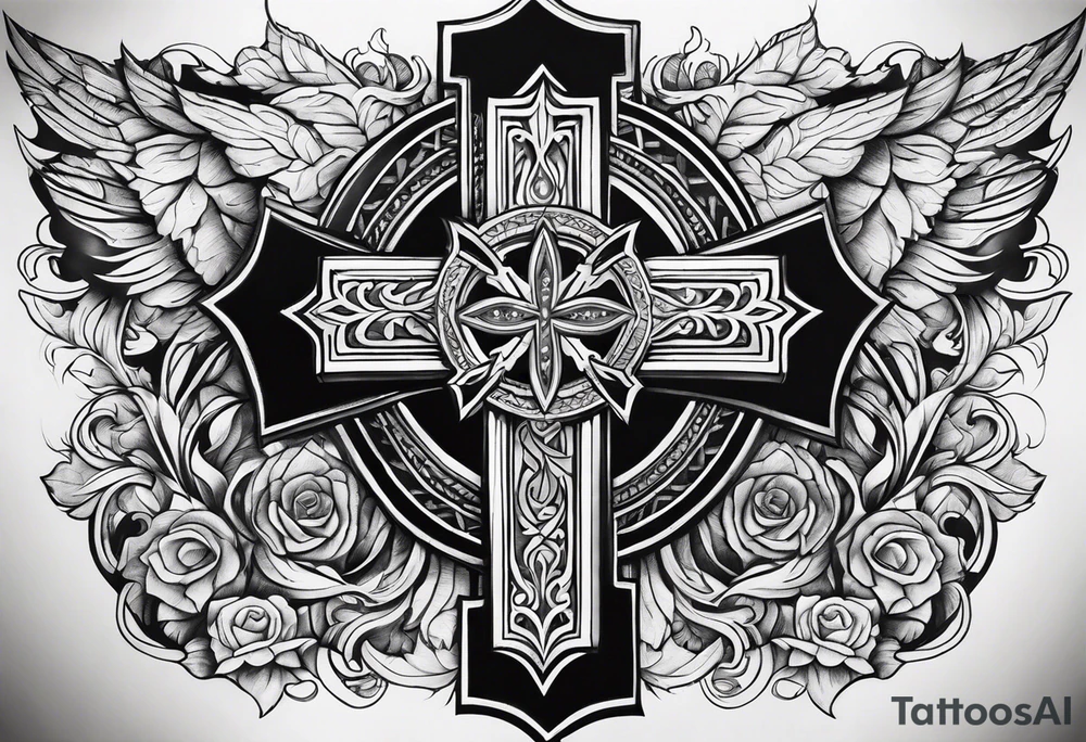 leather half sleeve with detailed cross tattoo idea