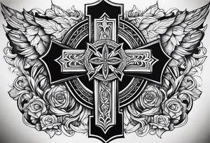 leather half sleeve with detailed cross tattoo idea