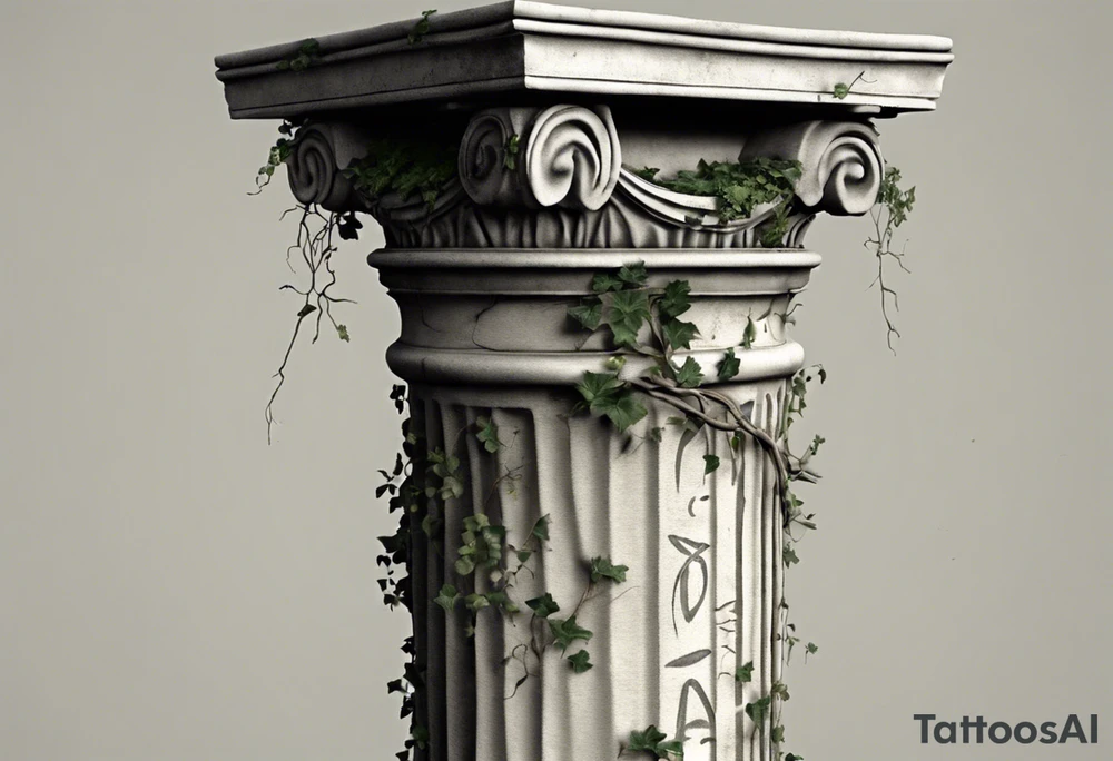 I want an ancient Roman pillar, with apparent cracks on it and a little bit of overgrown plants such as, but not limited to, ivy. The top part of the pillar has fallen off and is found to the right of the pillar. The top part shows that it is an Ionian pillar and has the word "OMNIA" written on it. The tattoo has some shading as the pillar is turned very slightly, about 10 degrees, to the right. tattoo idea