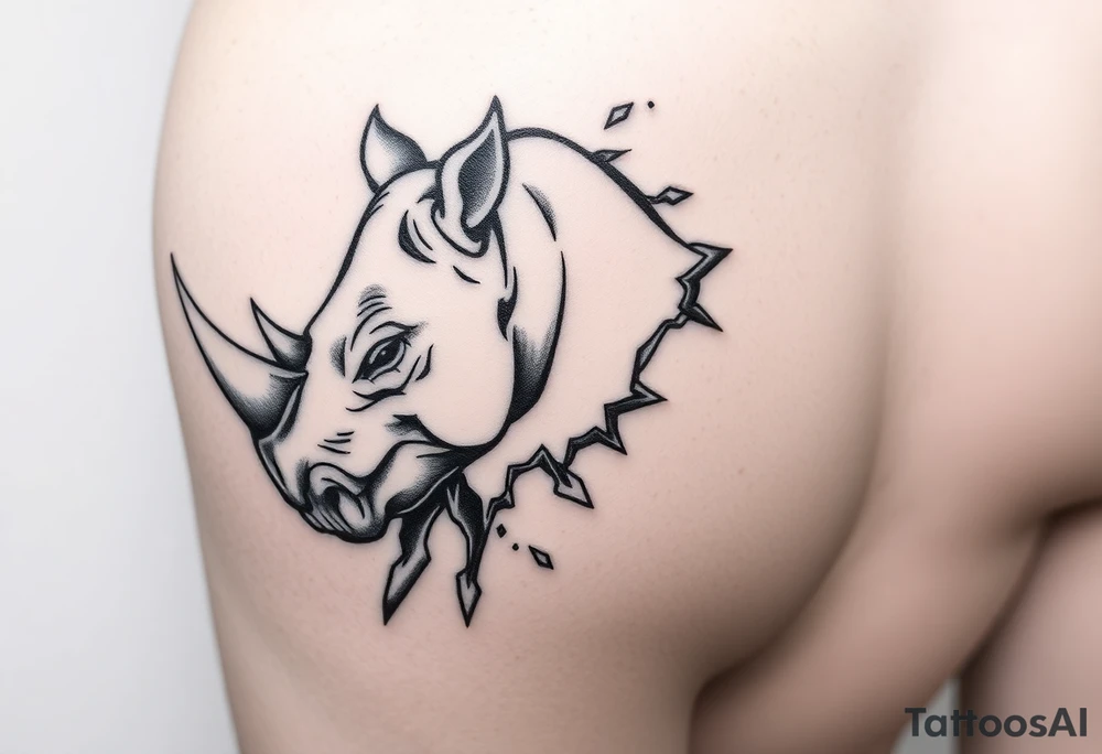 3D rhino half head pertruding thru left calf with jagged boarder appearing to be ripping thru my skin tattoo idea