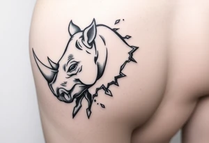 3D rhino half head pertruding thru left calf with jagged boarder appearing to be ripping thru my skin tattoo idea