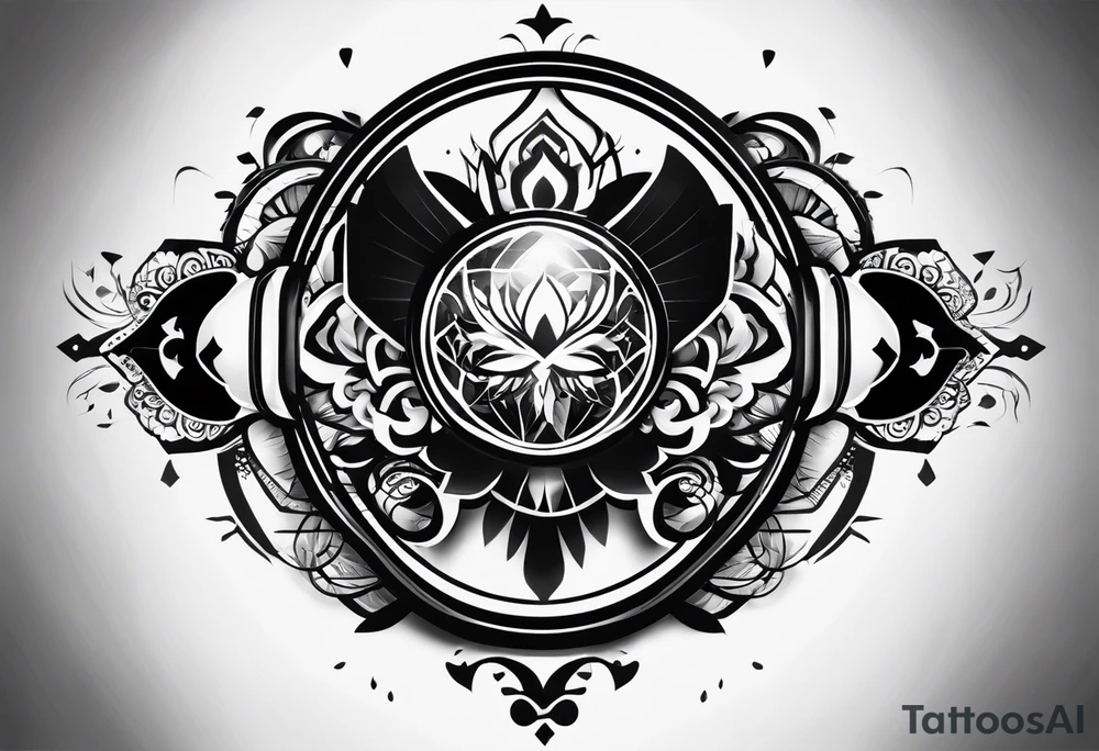 a half-sleeve black and white tattoo idea that incorporates mental health awareness, a passion for EDM music, a first responder past, and keeping a positive mindset. I want everything designed into each other thing tattoo idea