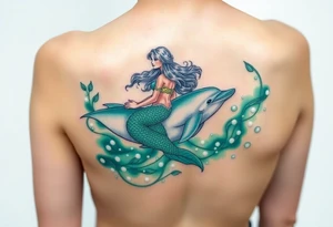A mermaid riding a dolphin through an enchanted sea, blending deep emerald greens and luminous pearl whites tattoo idea