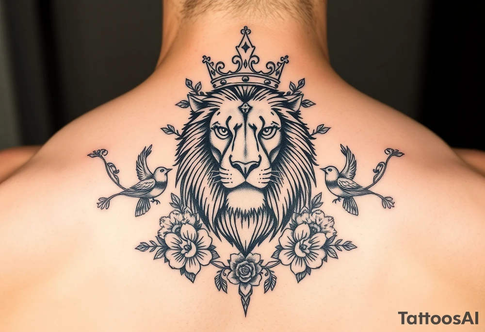powerful majestic lion with a crown, surrounded by floral ornaments and birds tattoo idea