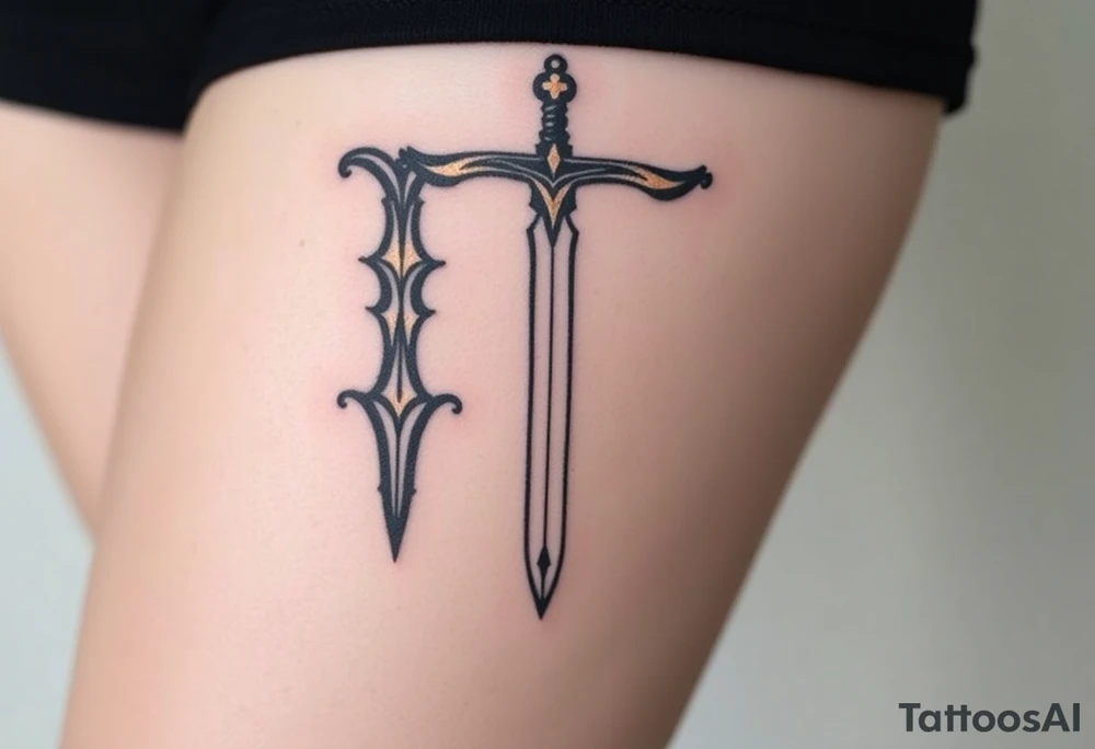 A medieval sword-shaped "T" in iron black with bronze highlights. tattoo idea