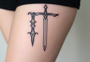 A medieval sword-shaped "T" in iron black with bronze highlights. tattoo idea