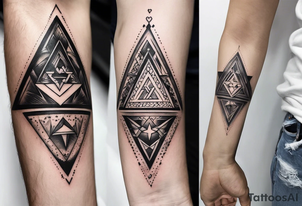 Fine line tattoo in the left forearm on the bottom side. The tattoo will have three shapes placed in a triangle formation. The top shape will be a either a plus sign or a heart that symbolizes health. The bottom left will have a compass rose or a shape symbol for purpose. The bottom right will have three circles placed in a triangle formation to symbolize family. Tattoo should be minimalist with just the shapes filled in and no ornaments tattoo idea