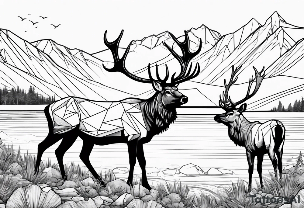 male and female elk near water with mountain landscape in the background tattoo idea