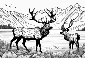 male and female elk near water with mountain landscape in the background tattoo idea