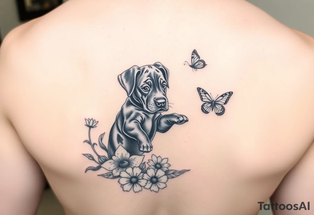 Small tattoo of Great Dane puppy playing in flowers and chasing a butterfly. tattoo idea