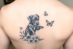 Small tattoo of Great Dane puppy playing in flowers and chasing a butterfly. tattoo idea