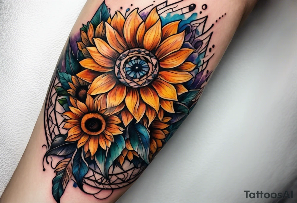 Dreamcatcher and sunflowers forearm sleeve tattoo idea