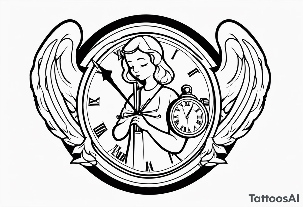 Cartoon angel holding a clock tattoo idea