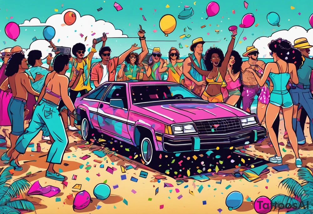1980's style dance party with boom box and confetti in a beach theme. include people in 80's miami beach clothes, music note. Do not include cars tattoo idea
