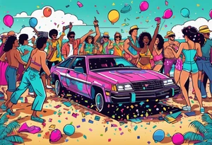 1980's style dance party with boom box and confetti in a beach theme. include people in 80's miami beach clothes, music note. Do not include cars tattoo idea