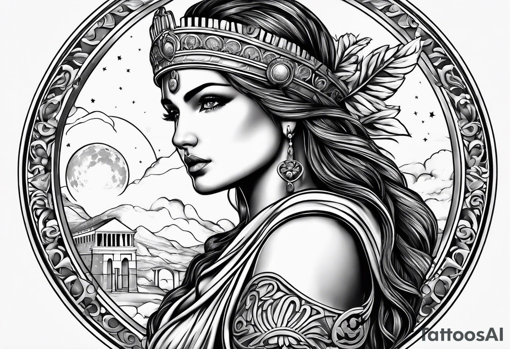 make a beautiful female woman in roman theme. Place the moon in the background tattoo idea