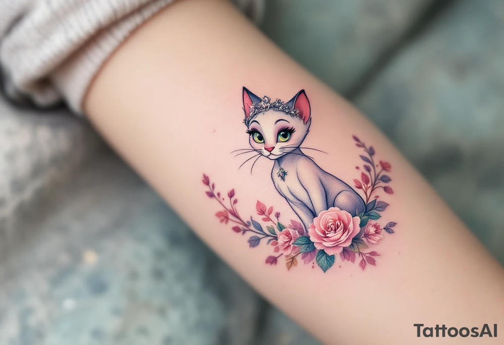 A delicate pastel tattoo of Marie from The Aristocats adds a touch of feline elegance with girly Disney vibes. tattoo idea