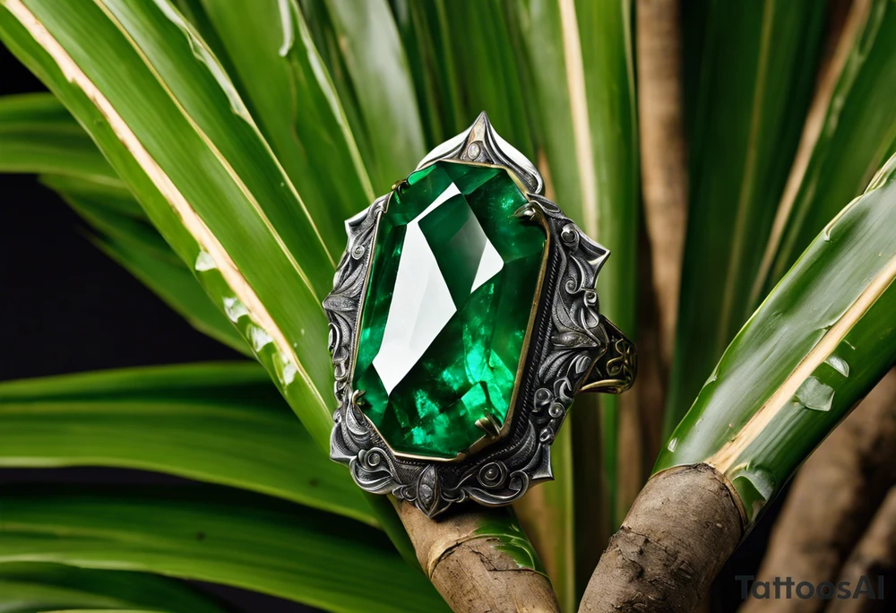 Tattoo: A striking Gachala emerald sits at the base of a tall quindio wax palm, which grows resiliently from cracks in rugged, rocky soil. The emerald is the main focal point, symbolizing strength and endurance, while the wax palm, rooted in the soil’s crevices, represents growth and resilience. A small water stream flows gently from the rocks, adding an element of life and nourishment. Style: Tribal. tattoo idea